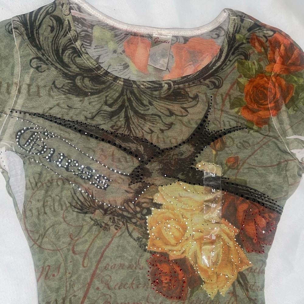 New Guess Tattoo Long Sleeve Thin Embellished Rose Bird Shirt M - Picture 2 of 10